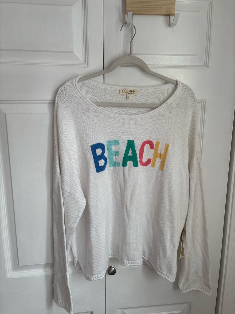 Escape White 'BEACH' Crewneck Graphic Knit Sweater